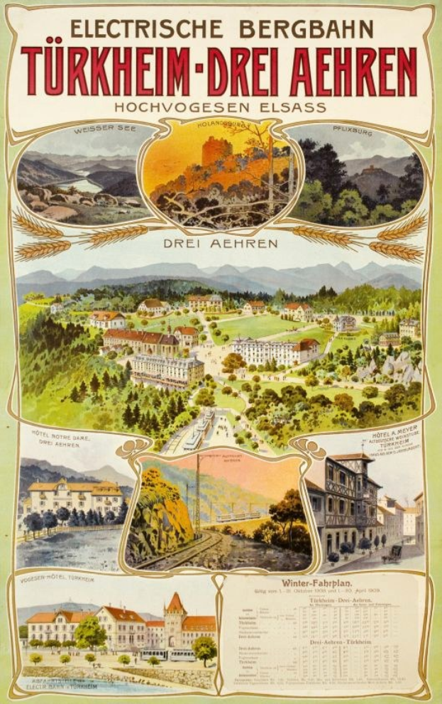 Plakat bewirbt Bergbahn, Deutschland als elektrisches Stadt, zeigt Bilder von Gebäuden, Bäumen, Hügeln und beschreibenden Text.