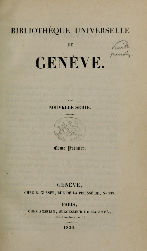 Cover eines alten Buches mit dem Titel "Bibliothèque Universelle de Genève", aufgeklappt, um den inneren Text zu zeigen.