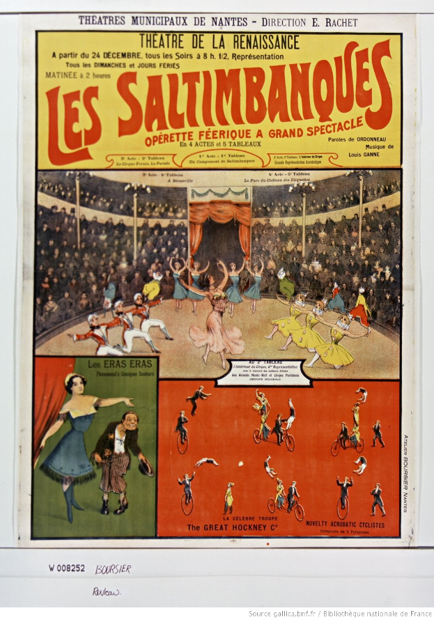 Ein buntes Plakat für das Musical "Les Saltimbanques" im Theatre de la Renaissance, das eine Zirkusszene mit Künstlern, den Titel in Großbuchstaben oben, eine kurze Beschreibung und eine Liste der Namen der Künstler zeigt.