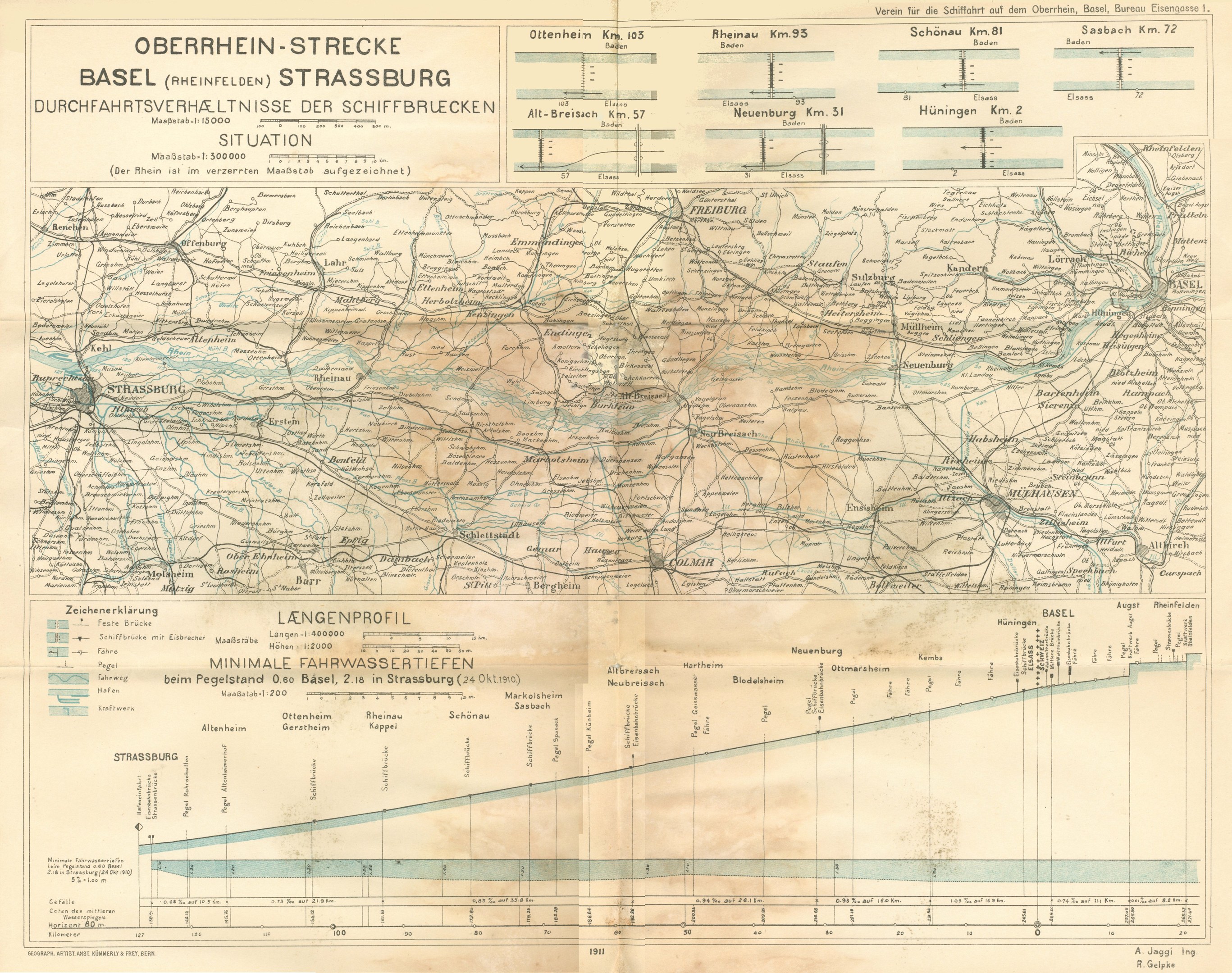 Alte Karte des Basel-Strasburg-Gebiets in Deutschland, die das Ausmaß einer Bahnstrecke mit Text und Linien hervorhebt.