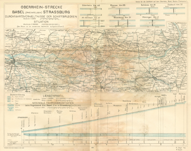 Alte Karte des Basel-Strasburg-Gebiets in Deutschland, die das Ausmaß einer Bahnstrecke mit Text und Linien hervorhebt.