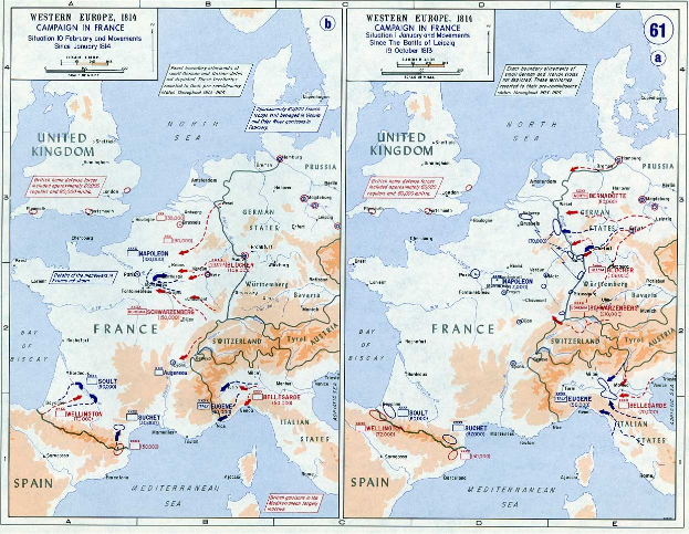 Eine historische Posterkarte von Europa während der Schlacht von Leipzig, unterteilt in Abschnitte für Europa und Frankreich, mit nummerierten Regionen und Textbeschriftungen von Städten, Dörfern und geografischen Merkmalen.