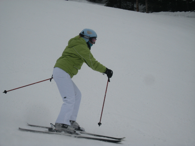 Eine Person, die eine schneebedeckte Skipiste mit vielen Bäumen hinunterfährt.