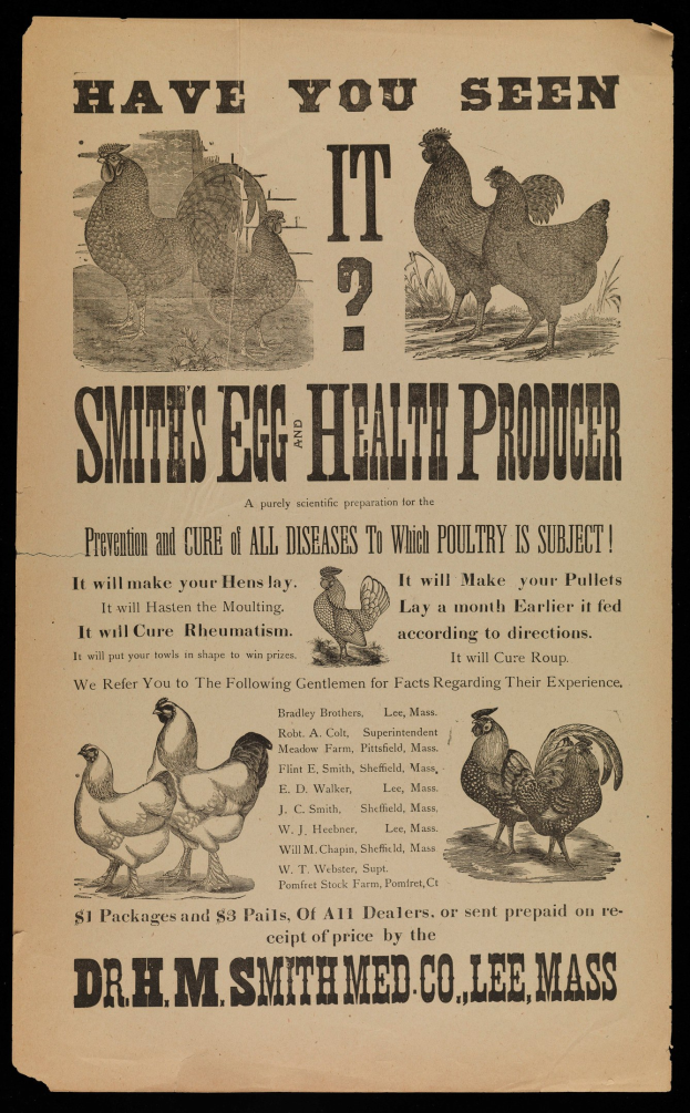 Plakat mit Bildern von Hennen und Text, der fragt "Hast du es gesehen?" und "Smith's Egg Health Producer".