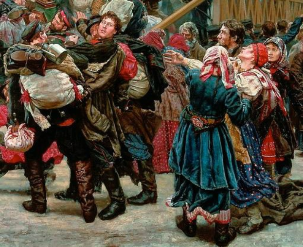 Gemälde von Menschen, die in traditioneller russischer Kleidung tanzen und Gegenstände in der Hand halten, vor einer Menge, mit einem hölzernen Haus im Hintergrund, das eine lebhafte Szene aus der russischen Revolution zeigt.