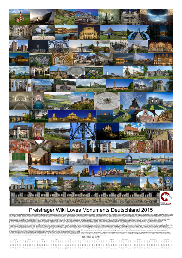 Ein Kalender für das Jahr 2015 mit einer Collage deutscher Denkmäler und der Aufschrift "Preisträger Wiki Loves Monuments Deutschland 2015".