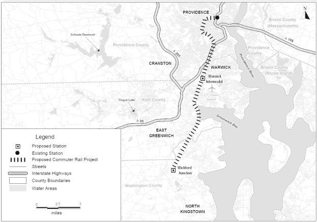 Schwarz-weiß-Stadtplan mit einem Fluss, beschriftet mit "Vorgeschlagenes S-Bahn-Projekt" auf der linken Seite, der Straßen, Autobahnen und Stadtmerkmale zeigt.