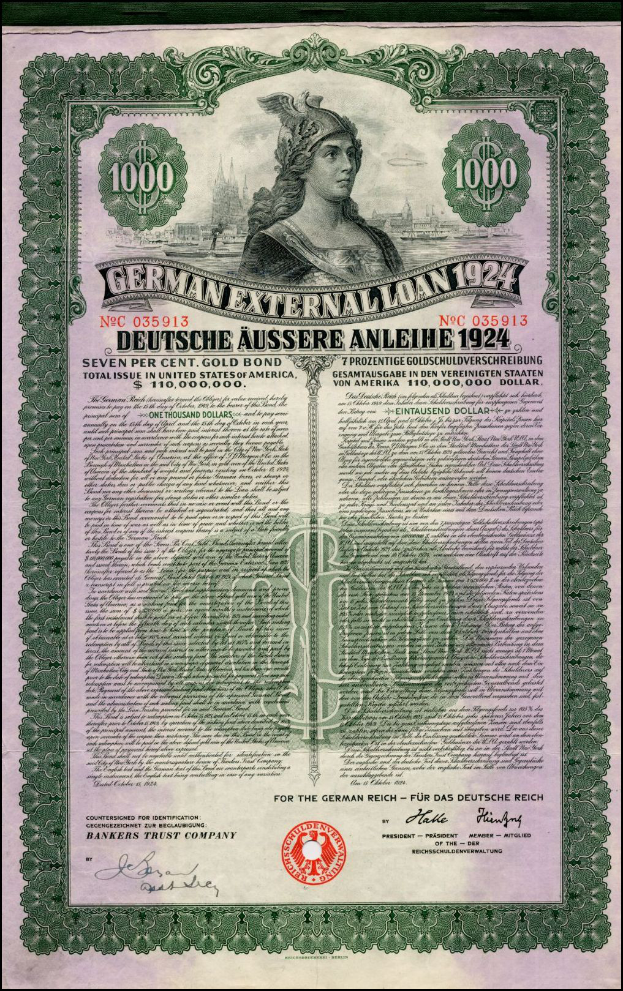 Ein alter deutscher Außenkredit aus dem Jahr 1924 mit einem Porträt einer Frau, Text und Zahlen, die den Nennwert angeben.