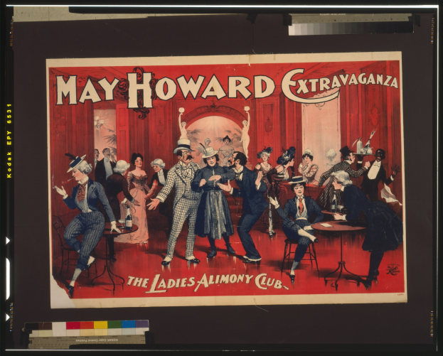 Ein Plakat für das May Howard Extravaganza im Ladies Alimony Club, das eine Gruppe von Menschen an Tischen zeigt.