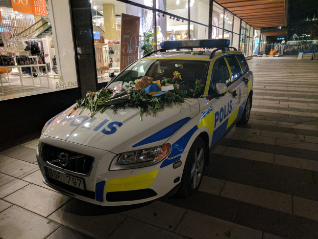 Ein mit Blumen und Blättern geschmückter Polizeiwagen parkt nachts vor einem Geschäft mit Glaswänden, das Schaufensterpuppen in Kleidern und beleuchtete Schilder zeigt.