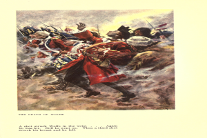 Ein Plakat, das eine Gruppe verzweifelter Menschen mit der Aufschrift "Der Tod von Wolfe" am unteren Rand zeigt, in gedämpften Farben, um eine traurige Stimmung zu erzeugen.