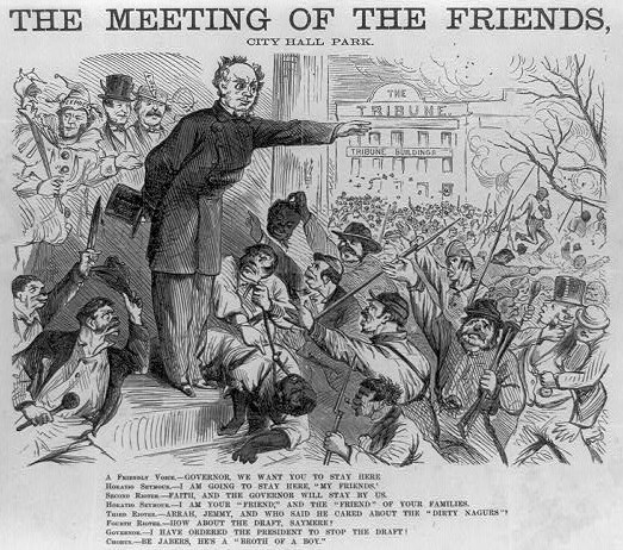 Eine handgezeichnete Skizze auf Papier zeigt eine Gruppe bewaffneter Personen, die sich im City Hall Park versammeln, mit einem Gebäude im Hintergrund und der Inschrift "Das Treffen der Freunde, City Hall Park."