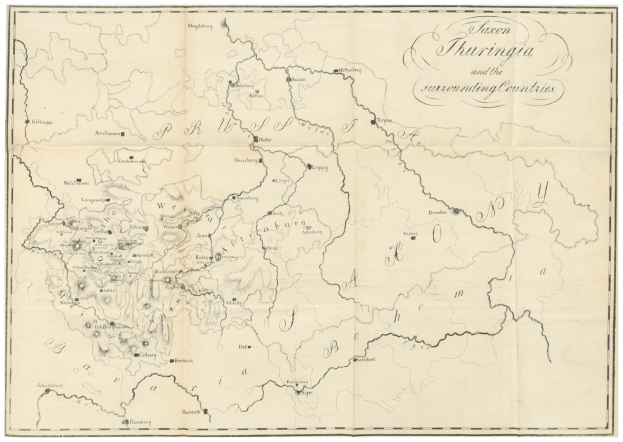 Eine Papierkarte des Königreichs Thüringen und umliegende Länder mit beschrifteten Grenzen und Text.