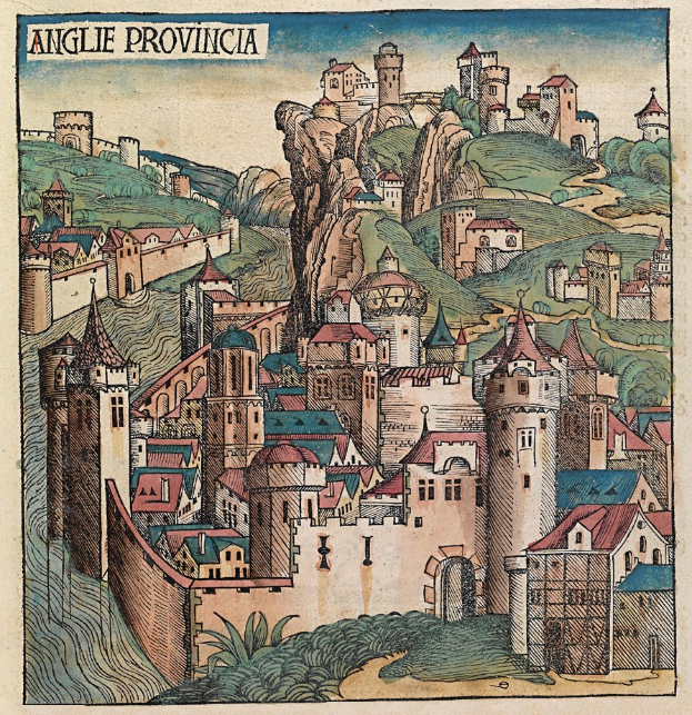 Gravur einer mittelalterlichen Stadt mit einer Burg auf einem Högel, umgeben von Gebäuden, Bäumen und einem Himmel, mit Text oben.