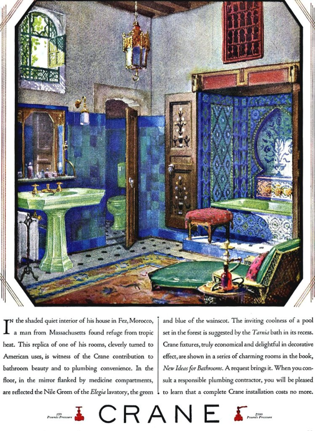 Eine Buchseite mit einer Badewanne, Waschbecken, Wasserhahn, Spiegel, Lampe, Fenster, Tür, WC, Hocker, Stuhl, Badewanne und einem Teppich.
