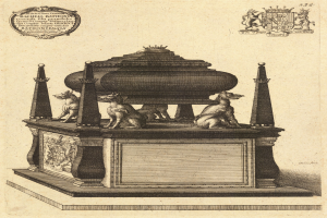 Eine Zeichnung eines Denkmals mit einer Statue eines Hundes auf einem sarkophagähnlichen Aufbau, umgeben von Skulpturen, Text und einem Logo.