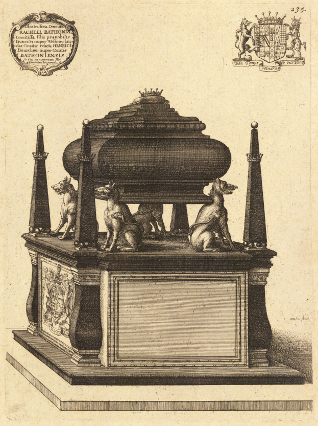 Eine Zeichnung eines Denkmals mit einer Statue eines Hundes auf einem sarkophagähnlichen Aufbau, umgeben von Skulpturen, Text und einem Logo.