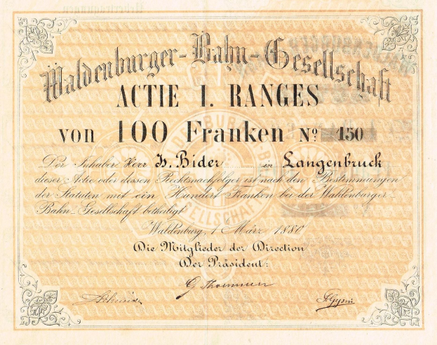 Alte deutsche Banknote mit dem Porträt eines Mannes und der Aufschrift "Haldenburger-Balm Gesellschaft Actie 1 Ranges".