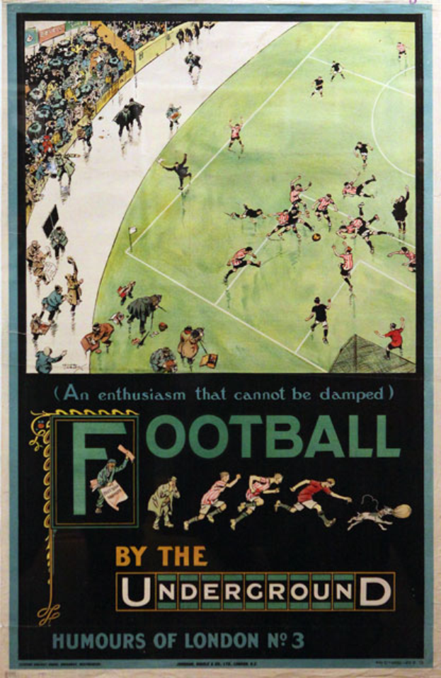 Ein Vintage-Plakat, das ein Fußballspiel ankündigt, betitelt mit 'Fußball by the Underground - Humours of London No. 3', zeigt eine Zuschauermenge in einem Stadion.