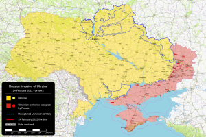 Eine Karte von Ukraine mit dem russischen Einmarsch in verschiedenen Farben hervorgehoben und Text auf der linken Seite, der Details zum Einmarsch liefert.