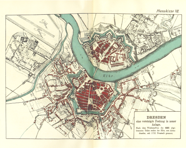 Ein detaillierter alter Stadtplan von Dresden, Deutschland, der Straßen, Gebäude und einen Fluss zeigt, mit Textinformationen zur Bevölkerung, Sehenswürdigkeiten und Straßen.