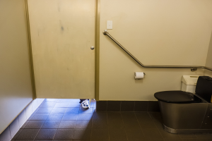 Badezimmer mit Toilette, Spülkasten, Papiertuchhalter, Handlauf, Tür und einer Person davorstehend, Bein sichtbar, sowie einem Müllbehälter in der Ecke.