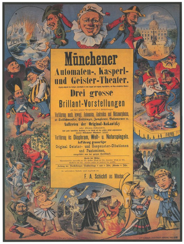 Alter deutscher Filmplakat für das Munchener Automaten-Kasperl- und Geister-Theater, das eine Gruppe in bunten Kostümen zeigt, umgeben von Text.