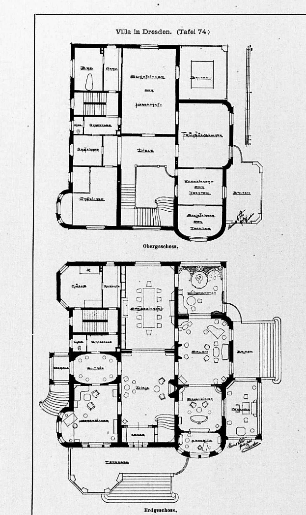 Ein Schwarz-Weiß-Bodenplan-Zeichnung eines Hauses mit mehreren Räumen, beschriftet mit Details über die Raumzahl und -größen, die als Villa in Dresden, Deutschland, identifiziert werden.
