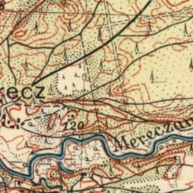 Ein altes topografisches Stadtplan von Mercz, Polen, mit verschiedenen topografischen Merkmalen und Texten und Zahlen.