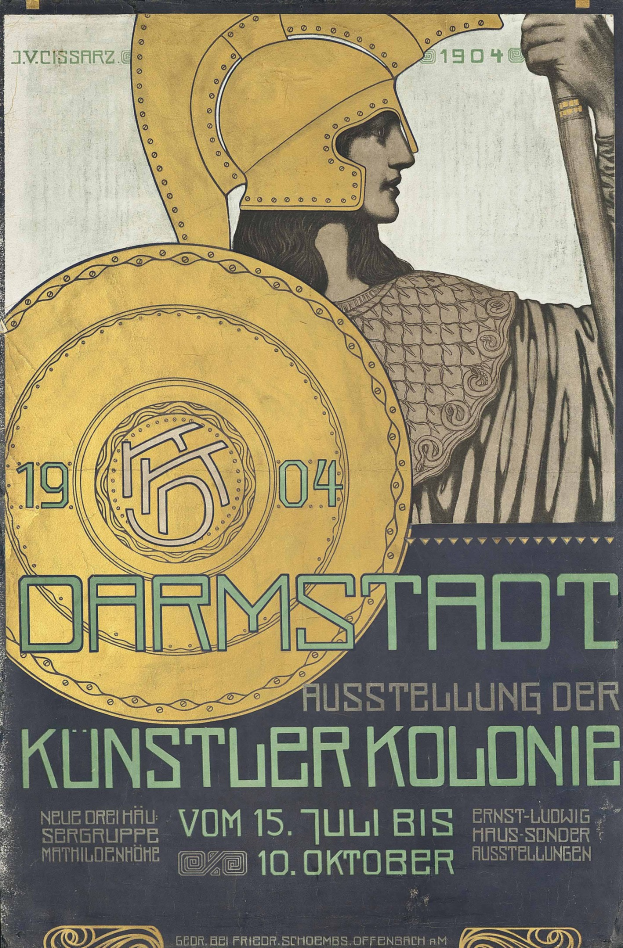 Plakat fuer ein 1904er Berlin-Konzert mit einem Helmträger, der ein Schild mit «Darmstadt» und «Kuenstler Kolonie» in fetter Schrift haelt.