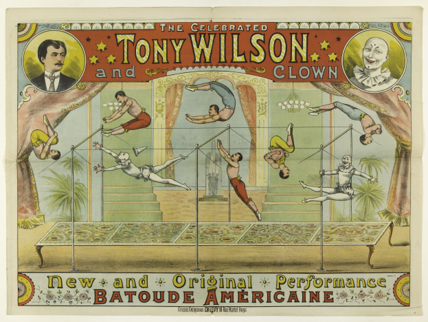 Ein Plakat mit Tony Wilson und dem Clown, dazu Akrobaten auf Stangen im Vordergrund und Bäume im Hintergrund, sowie Text zum Zirkus.