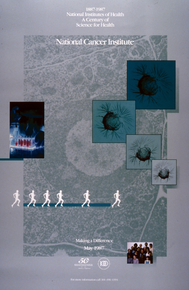 Ein buntes Plakat mit einem blauen Hintergrund und weißer Schrift, die in fetter, großer Schrift den "Nationalen Krebsinstitut" umgibt, umgeben von einer kreisförmigen Anordnung von lächelnden Menschen verschiedenen Alters, Geschlechts und Ethnien.