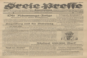 Alte deutsche Zeitung vom 29. September 1929 mit einer Titelseite "Sugenberg und die Defreiung" und einem Schwarz-Weiß-Foto eines Mannes im Anzug und Krawatte mit einem ernsten Gesichtsausdruck.