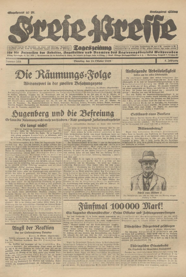 Alte deutsche Zeitung vom 29. September 1929 mit einer Titelseite "Sugenberg und die Defreiung" und einem Schwarz-Weiß-Foto eines Mannes im Anzug und Krawatte mit einem ernsten Gesichtsausdruck.
