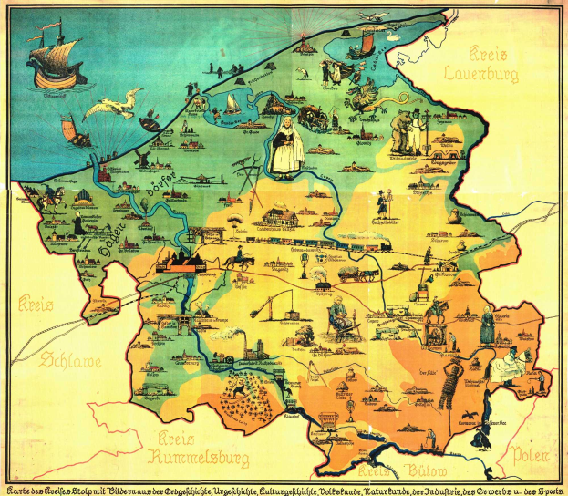 Eine 16. Jahrhundert-Karte von Deutschland mit Illustrationen von Menschen, Booten und anderen Gegenständen, begleitet von Text.