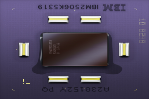 Ein IBM i2s9k9k3s16-Prozessor wird auf einem violetten Hintergrund angezeigt, der verschiedene Komponenten und gedruckten Text zeigt.