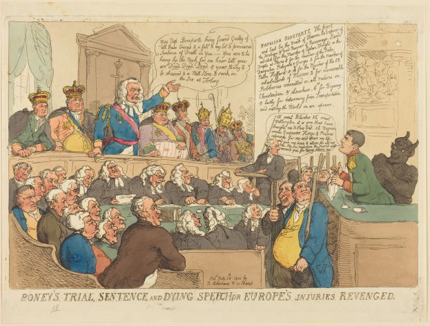 Cartoon-Illustration eines Gerichtssaals mit einem stehenden Mann in der Mitte, einer Gruppe sitzender Menschen, einem Tisch mit Gegenständen rechts und dem Text "Boney's Trial, Sentence, and Dying Speech Europe's Injuries Revenged" unten.