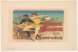 Ein Plakat, das eine Tanzshow in Paris ankündigt, zeigt einen Mann und eine Frau beim Tanzen, wobei der Mann ein Musikinstrument hält und der Text die Veranstaltung ankündigt.