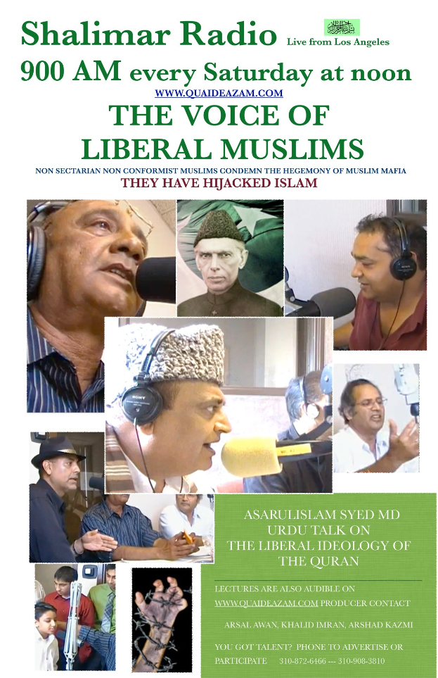 Plakat wirbt für 'Die Stimme der liberalen Muslime' Radio-Show, zeigt Bilder von Menschen mit Headsets und Mikrofonen in einem Gespräch.