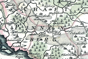 Detailiertes altes Stadtplan von Painen, Deutschland, zeigt Straßen, Gebäude und Sehenswürdigkeiten mit beschreibendem Text.
