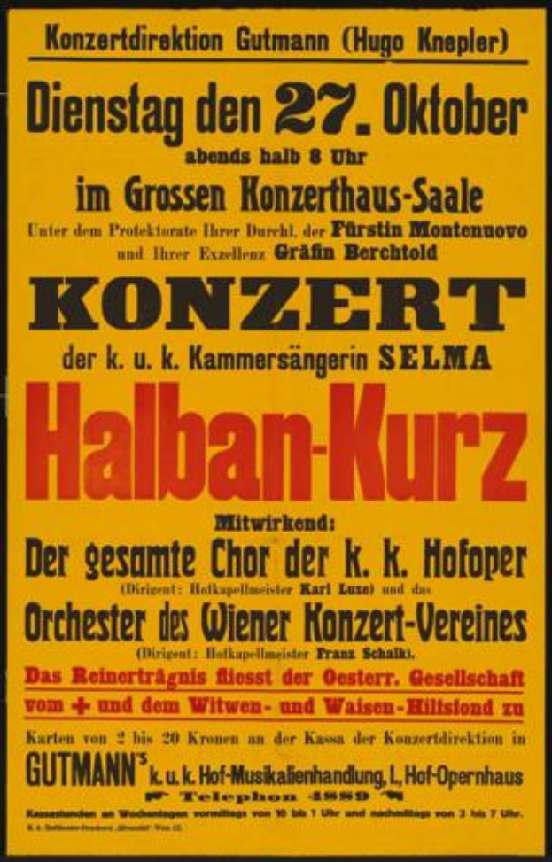 Ein gelbes Plakat, das ein Konzert in Berlin, Deutschland, ankündigt, mit dem Text "Konzert Halban-Kurz".