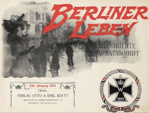 Ein altes Buchcover mit einer Gruppe feiernder Menschen, dem Text "Berliner Leben" und einem Logo, das mit der deutschen Militär verbunden ist.