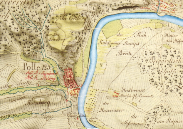 Ausführliches altes Stadtplan von Polle, Deutschland, zeigt Straße, Gebäude und einen Fluss durch die Stadt.