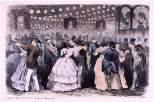 Eine Gruppe von Menschen, die in einem Ballsaal tanzen, mit Wänden, beleuchtet von Lichtern, mit Text 'Madame Baille Nacional en la Campagne Bleuet, 1860' unten.