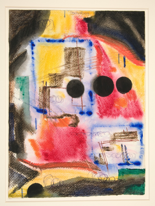 Abstrakter Expressionismus: Gemälde mit dem Titel "Untitled" von KÜNSTLER, 1967, mit verschiedenen Farben und Formen in einem Rahmen.
