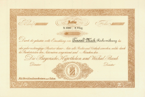 Altes Aktienzertifikat mit goldenem Rand und Porträt eines Mannes, Text und wahrscheinlich eine Bond-Bezeichnung.