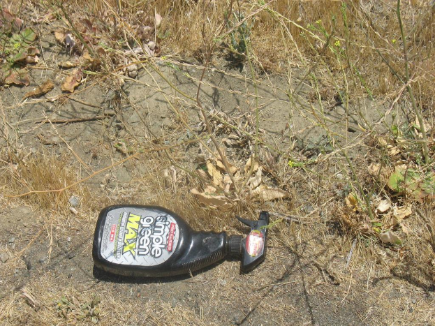 Eine Flasche liegt auf dem Boden neben trockenem Gras, Erde und verschiedenen Pflanzen, mit sichtbarem Text auf der Flasche.