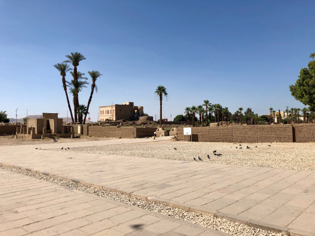 Die Ruinen der antiken Stadt Luxor in Ägypten mit Vögeln auf dem Boden, Wänden, Bäumen, Gebäuden, Pfählen und anderen Gegenständen im Vordergrund und einem klaren blauen Himmel im Hintergrund.