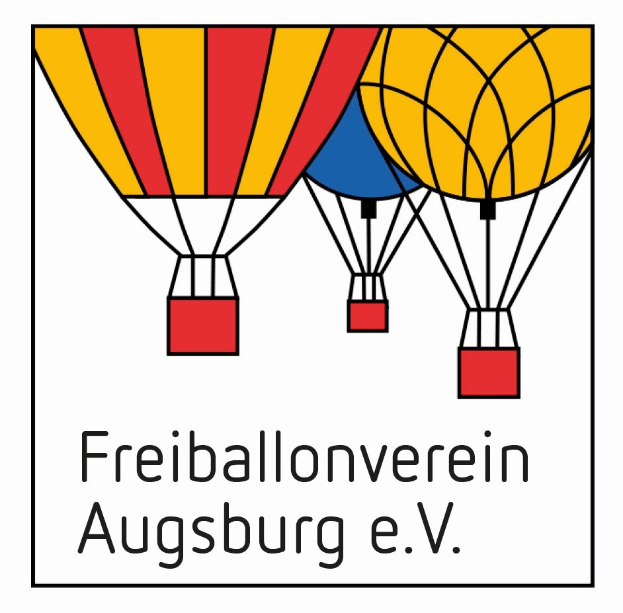 Plakat des Freiballonvereins Augsburg e.V. mit leuchtend bunten Luftballons, die am Himmel schweben, und Sonnenlicht, das darauf scheint, sowie schwarzer, fetter Schrift.