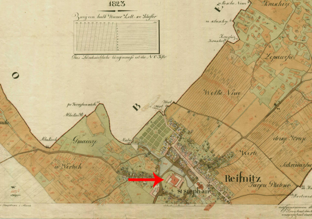 Ein altes Stadtplan von Reifnitz, Deutschland, mit detaillierten Straßen, Gebäuden, Sehenswürdigkeiten und Textinformationen, das eine rote Pfeil auf die Stadt zeigt.